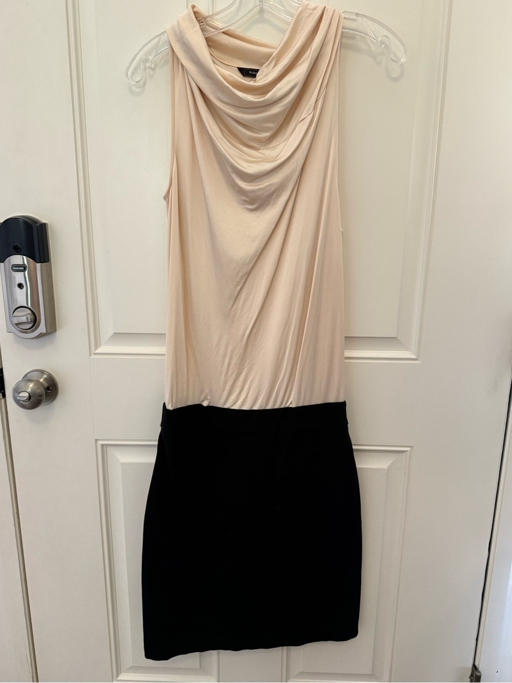 BCBGMaxAzria Black & Cream Draped Neck Pencil Dress